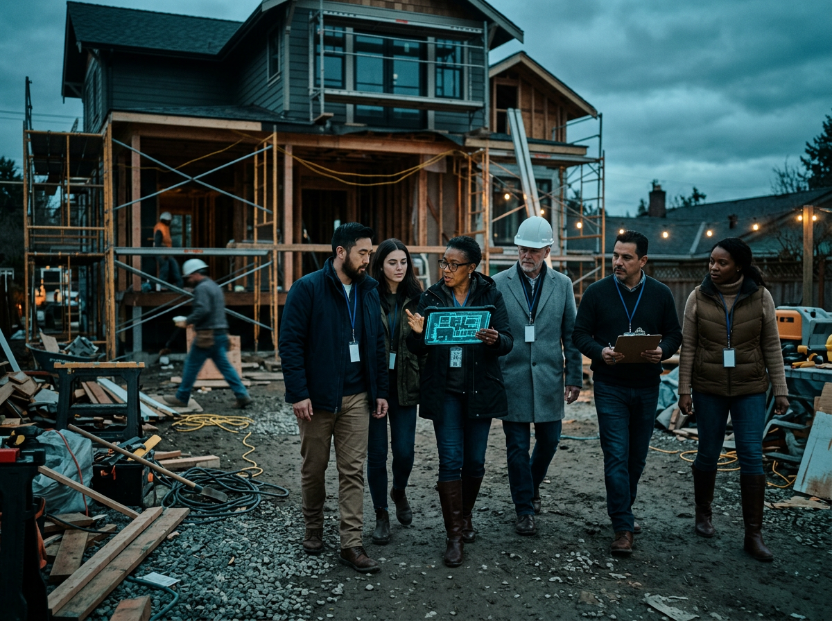 Investors walking real property deal site together